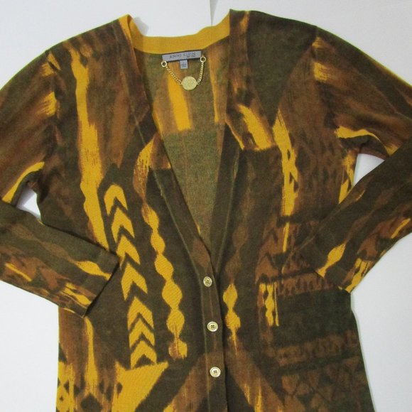 SILK CASHMERE Cardigan Sweater Knit Abstract Brown Gold Logo Button - Picture 6 of 10